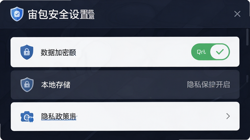 主体为宙包安全设置界面,布局包含数据加密开关、本地存储选项及隐私政策链接,排版列表式清晰排列,风格为严谨商务风,细节使用盾牌图标象征安全,画质清晰,干净,文字显示为“隐私保护开启”