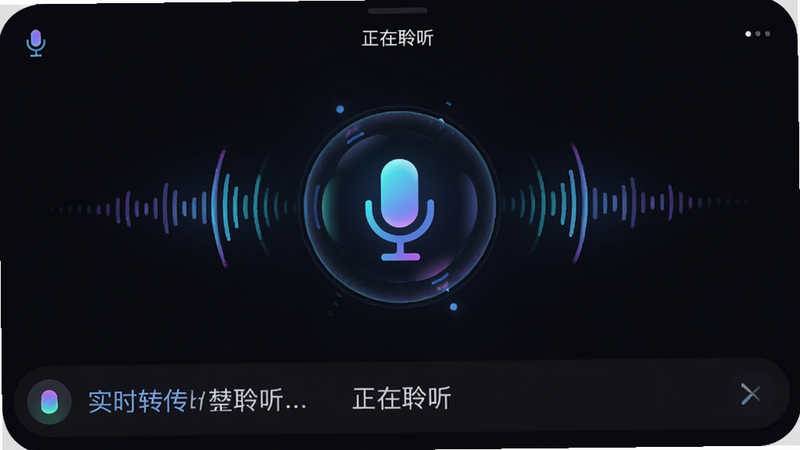 主体为宙包App的语音交互界面,布局中心为动态麦克风图标,周围环绕声波可视化图形,底部显示实时转录文本,排版居中对称,风格为深色模式科技风,细节呈现呼吸灯效果,画质细腻,干净,文字显示为“正在聆听”