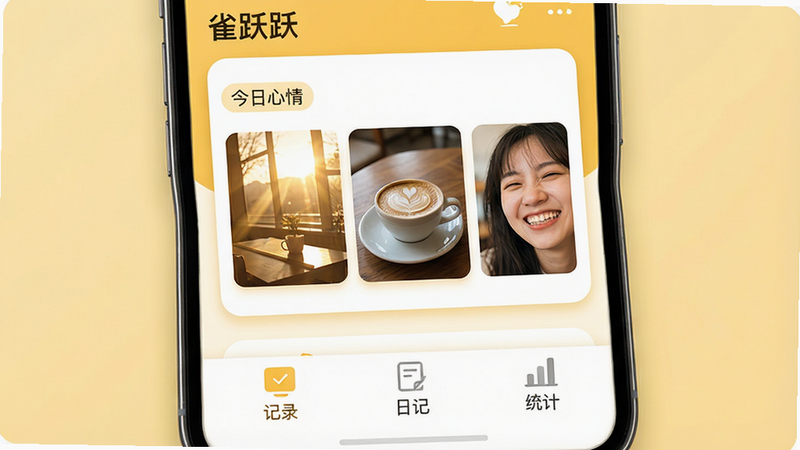 主体为一款名为“雀跃”的手机APP界面展示,布局采用简洁的卡片式设计,顶部显示“今日心情”标签,中间区域展示三张用户拍摄的温馨生活照片(阳光、咖啡、笑脸),底部为功能导航栏,包含“记录”、“日记”、“统计”三个图标。排版清晰有序,风格清新治愈,色调以暖黄色和白色为主,细节处有柔和阴影增加层次感,画质高清,干净无多余元素,手机屏幕边框可见。