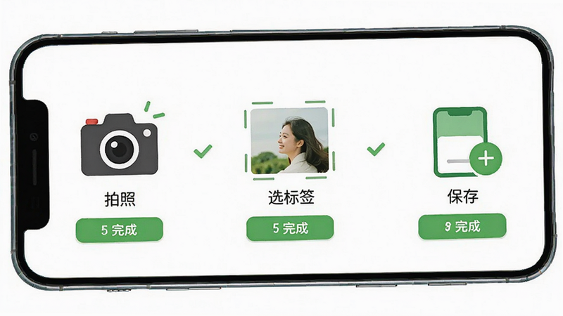 主体为手机APP的新手引导界面,布局包含三个步骤的图示(拍照、选标签、保存),排版线性排列,风格友好亲切,色调以绿色和白色为主,细节处有对勾标记表示完成,画质高清,干净无多余元素,引导用户轻松入门。