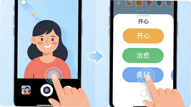 主体为手机APP的操作流程示意图,左侧显示用户点击相机图标,右侧显示快速弹出的标签选择界面(如“开心”、“治愈”、“美好”),布局呈现左右对比的交互逻辑,风格扁平化,色彩明亮,细节突出手指点击的动作特效,画质清晰,干净无多余元素,背景为淡蓝色渐变。