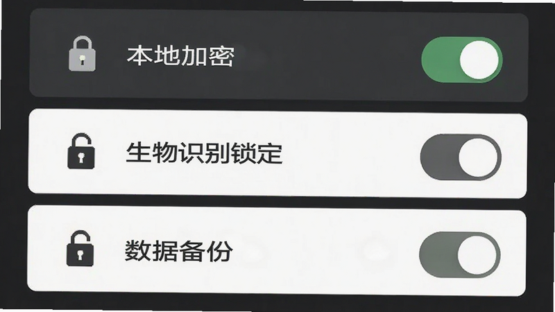 主体为手机APP的隐私设置界面,布局包含“本地加密”、“生物识别锁定”、“数据备份”三个开关选项,排版垂直列表式,风格严谨专业,色调以深灰色和白色为主,细节处有锁形图标强调安全性,画质清晰,干净无多余元素,界面简洁明了。