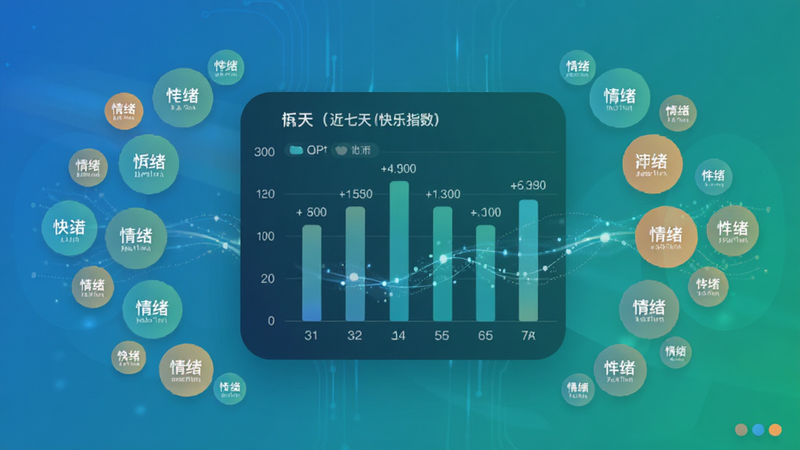 主体为APP内的数据统计页面,布局为中心柱状图展示近七天的快乐指数,周围环绕着圆形的情绪标签云,排版居中对称,风格科技感与温馨感结合,色调以蓝绿渐变为主,细节处有数据流动的特效,画质高清,干净无多余元素,界面元素清晰可读。