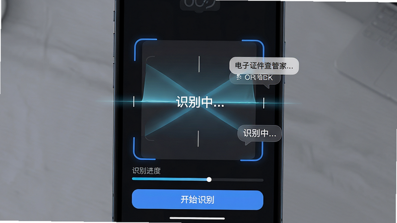 ����Ϊ����֤����ܼ�APP��OCRɨ����棬����Ϊȫ��ȡ���������и����Խ��ߣ��ײ���ʾʶ��������͡���ʼʶ�𡱰�ť���Ű�۽����ģ����Ϊ�Ƽ�����ɫģʽ��ϸ�ڴ�����ɨ���������Ч����ʶ������������ݣ�����ϸ�壬�ɾ����޶���Ԫ�أ���������Ϊ��ʶ����...��