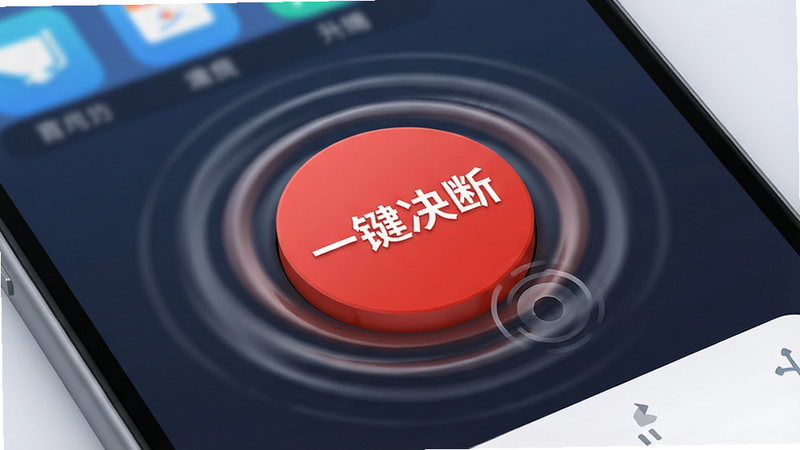 主体为手机界面局部放大图,显示一个醒目的红色圆形按钮,按钮上写着“一键决断”,周围有动态的点击涟漪效果,布局紧凑,排版突出视觉焦点,风格为科技感UI设计,细节处有微立体阴影,画质清晰,干净
