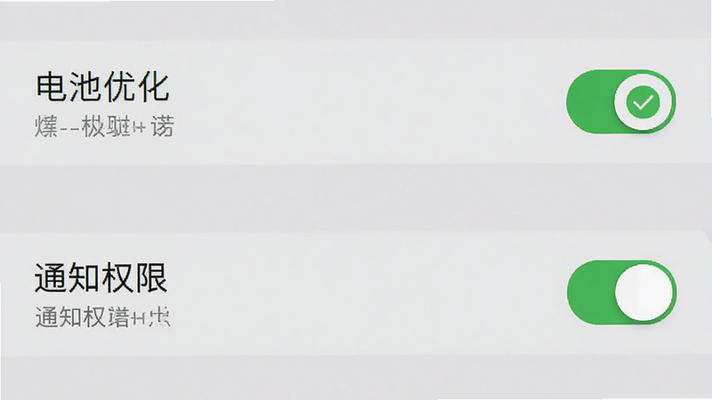 主体为手机设置界面截图,显示“电池优化”和“通知权限”开关,背景为浅灰色,布局清晰,排版整齐,风格为系统原生UI,细节处有绿色对勾图标,画质清晰,干净