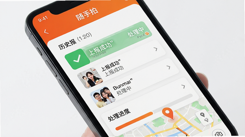 主体为手机屏幕展示“随手拍”功能页,布局包含拍摄按钮、历史上报列表及处理进度条,排版直观易操作,风格活力橙色点缀,细节显示“上报成功”、“处理中”状态及地图定位标记,画质清晰,干净,文字加引号