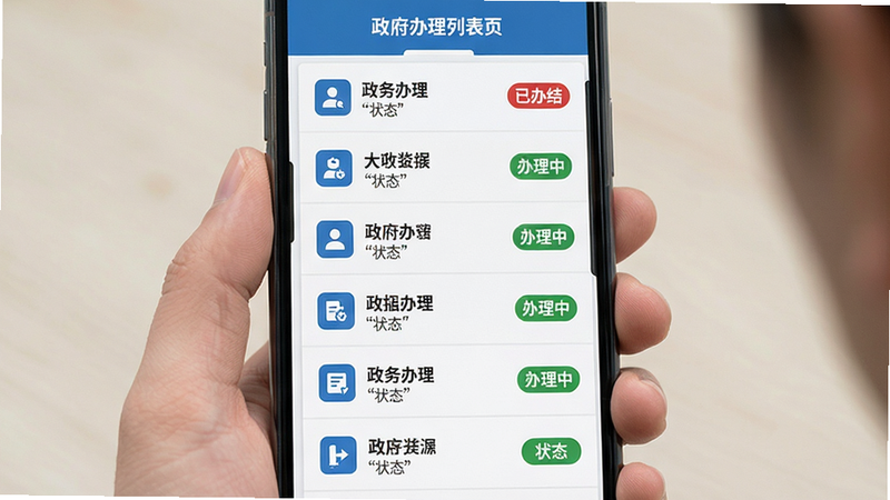 主体为手机屏幕展示政务办理列表页,布局为垂直列表形式,每行包含图标、标题及状态标签,排版紧凑有序,风格扁平化商务蓝,细节显示“已办结”、“办理中”等状态文字,画质清晰,干净,文字加引号