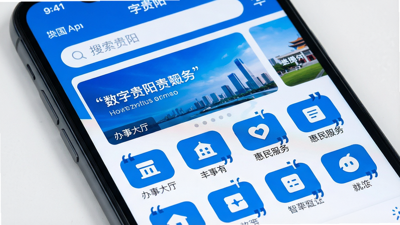 主体为智能手机屏幕特写,显示“数字贵阳”App 主界面,布局清晰分为顶部搜索栏、中部轮播图及下方功能网格图标,排版整齐对称,风格简约科技蓝,细节处可见“办事大厅”、“惠民服务”等文字标签,画质高清,干净无多余元素,文字加引号