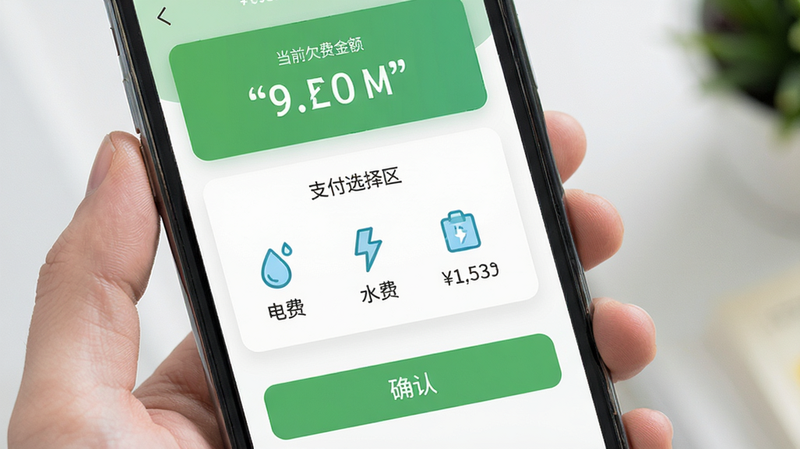 主体为手机屏幕展示缴费界面,布局为卡片式设计,顶部显示当前欠费金额,中部为支付方式选择区,底部为确认按钮,排版简洁现代,风格清新绿色调,细节可见“电费”、“水费”图标及金额数字,画质高清,干净,文字加引号
