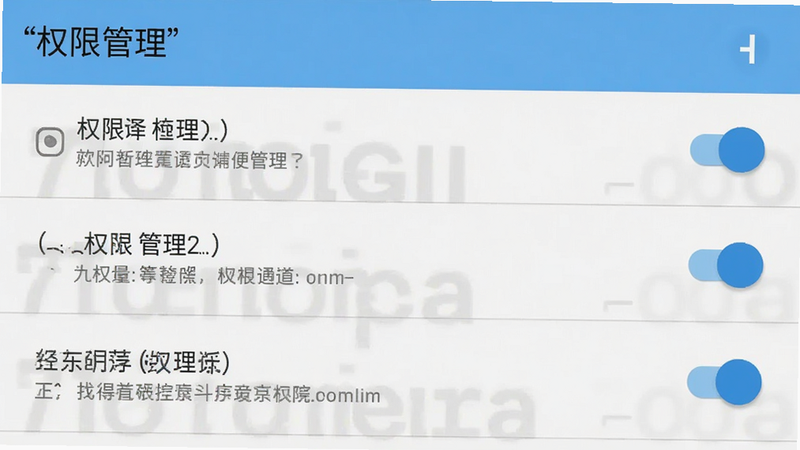 主体为安卓手机设置界面示意图,布局为垂直列表展示权限管理选项,排版清晰易读,风格为系统原生UI风格,细节包含蓝色开关按钮与灰色文字描述,文字加引号显示“权限管理”,画质清晰,干净,无多余元素