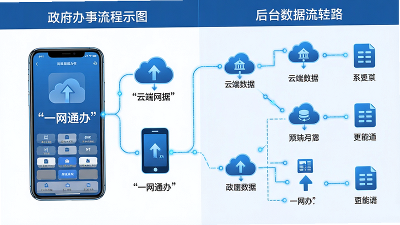 主体为政务办事流程示意图,布局左侧展示手机端操作界面,右侧展示后台数据流转路径,排版采用左右分栏结构,风格为科技感蓝色线条连接,细节包含云朵图标代表云端数据与手机图标,文字加引号显示“一网通办”,画质清晰,干净,无多余元素