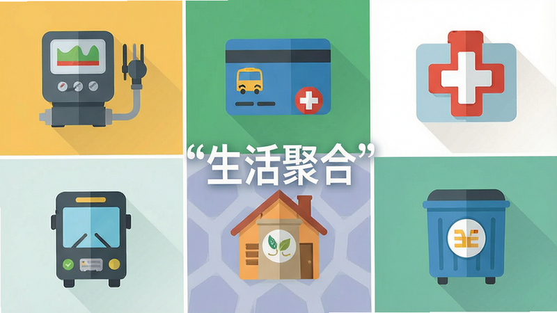 主体为生活服务功能矩阵图,布局为六宫格图标排列,排版对称均衡,风格为扁平化图标设计,细节包含水电表、公交卡、医院十字标志等元素,文字加引号显示“生活聚合”,画质平滑,干净,无多余元素
