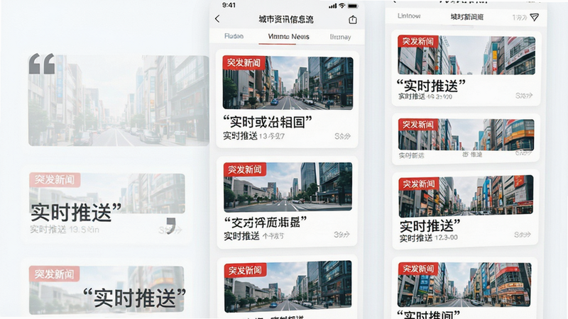 主体为城市资讯信息流界面,布局为垂直列表展示新闻卡片,排版紧凑有序,风格为清新明亮的移动端UI设计,细节包含红色突发新闻标签与图片缩略图,文字加引号显示“实时推送”,画质细腻,干净,无多余元素