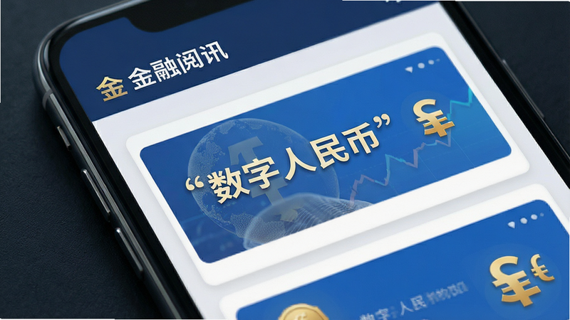 主体为金融资讯阅读界面,布局为文章卡片形式,排版简洁大方,风格为专业财经媒体风格,细节包含金色货币符号与蓝色背景块,文字加引号显示“数字人民币”,画质精致,干净,无多余元素