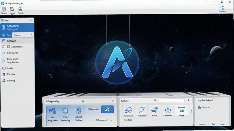软件主界面全景展示,深空背景,悬浮的 Antigravity 图标,简洁的 UI 布局,科技蓝与白色调,高清渲染,无多余元素,干净背景