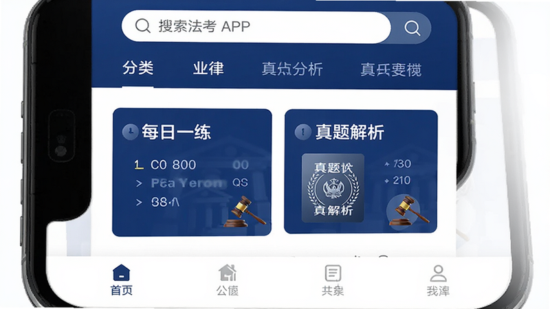 手机界面展示图,主体为法大法考APP首页,布局清晰,顶部显示搜索栏和分类导航,中部突出“每日一练”和“真题解析”两个核心模块,底部为Tab栏,整体风格采用深蓝色与白色搭配,体现法律严谨感,UI设计现代简洁,高清矢量风格,无多余水印
