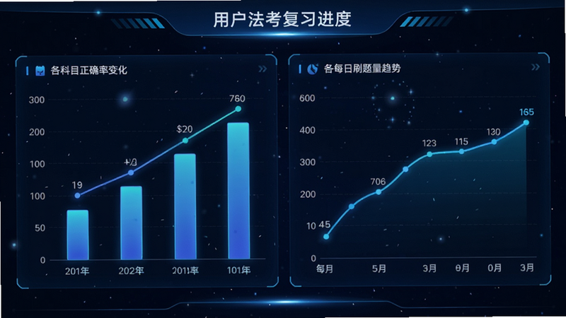 数据可视化图表,展示用户的法考复习进度,包含柱状图显示各科目正确率变化,折线图显示每日刷题量趋势,界面设计科技感强,蓝色调为主,背景为深空蓝,数据线条发光,清晰易读,专业数据分析风格