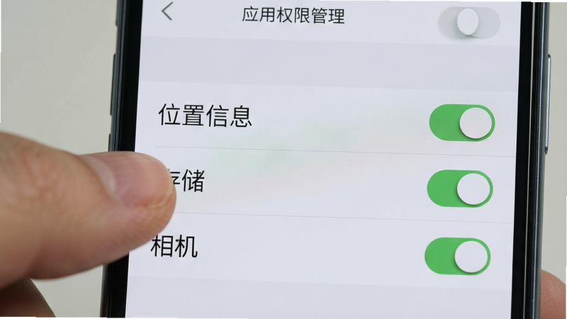 一张展示手机屏幕的设置界面截图,聚焦于“应用权限管理”页面。界面中清晰列出“位置信息”、“存储”、“相机”等权限选项,每个选项右侧都有开关按钮,当前状态为开启。背景为浅灰色,字体为黑色,界面整洁有序。左侧边缘露出部分手指正在操作开关的动作,暗示用户正在进行设置。整体风格简洁现代,色彩柔和,细节清晰,高清画质。