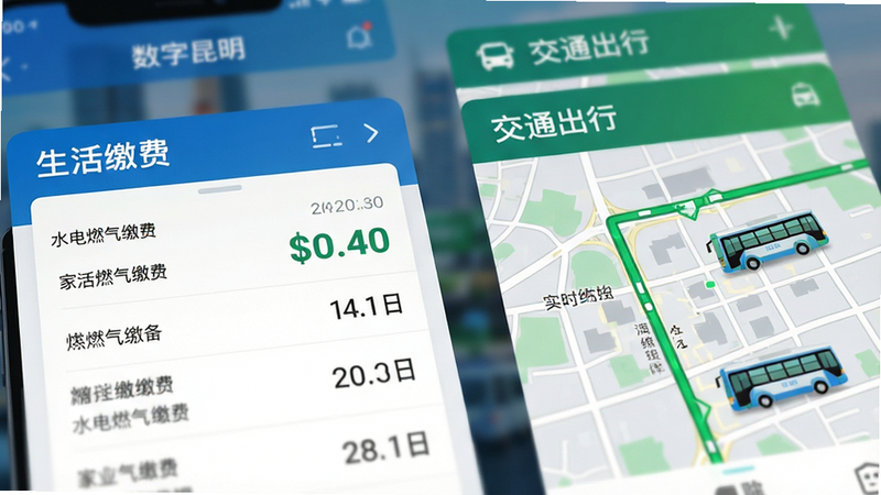 一张展示“数字昆明”APP功能模块的细节图,聚焦于“生活缴费”和“交通出行”两个板块。画面左侧显示水电燃气缴费界面,账单列表清晰,金额醒目;右侧显示公交实时地图,绿色线路穿梭在城市街道中,公交车标实时移动。背景虚化处理,突出前景UI元素,色彩以科技蓝与生态绿为主,字体清晰易读,质感细腻,高清特写,无杂项。