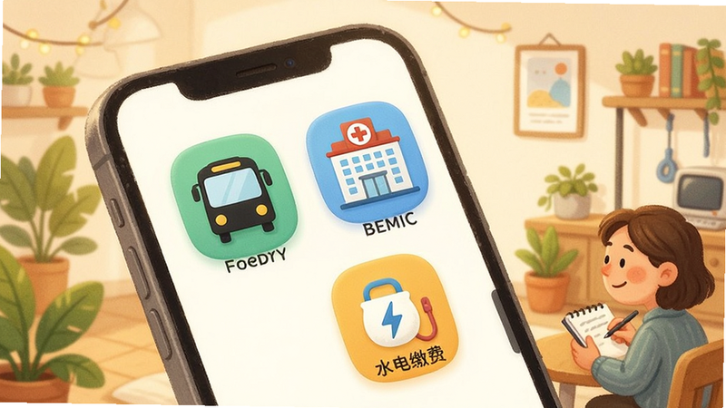 主体为智慧生活场景插画,布局展示手机屏幕中嵌入的公交、医院、水电缴费图标,风格为微写实与卡通结合,色调温暖友好,细节丰富体现生活气息,画质细腻,背景纯净
