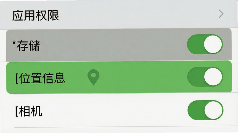 主体为手机设置权限界面示意图,布局聚焦于“应用权限”列表,高亮显示“存储”、“位置信息”、“相机”权限开关,风格为系统UI扁平化设计,色调中性灰白,细节清晰展现开关状态,画质锐利,无干扰元素