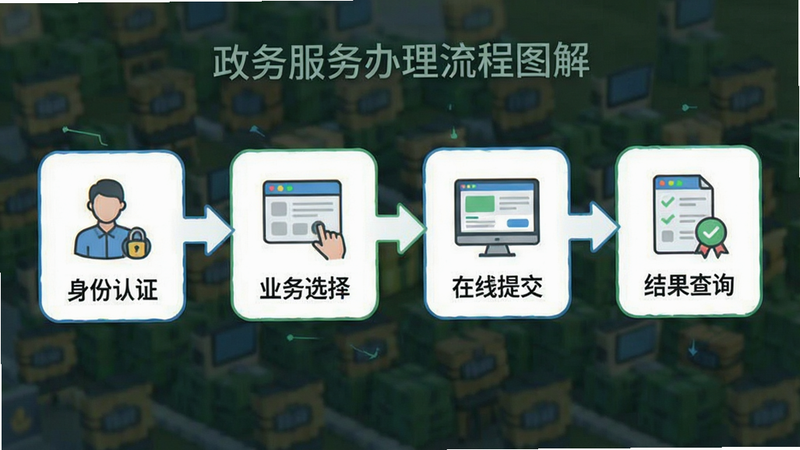 主体展示政务服务办理流程图解,布局为从左至右的步骤流程图,包含“身份认证”、“业务选择”、“在线提交”、“结果查询”四个节点,风格为简洁的信息图表,色调清新,细节标注清晰,画质清晰,无背景杂项