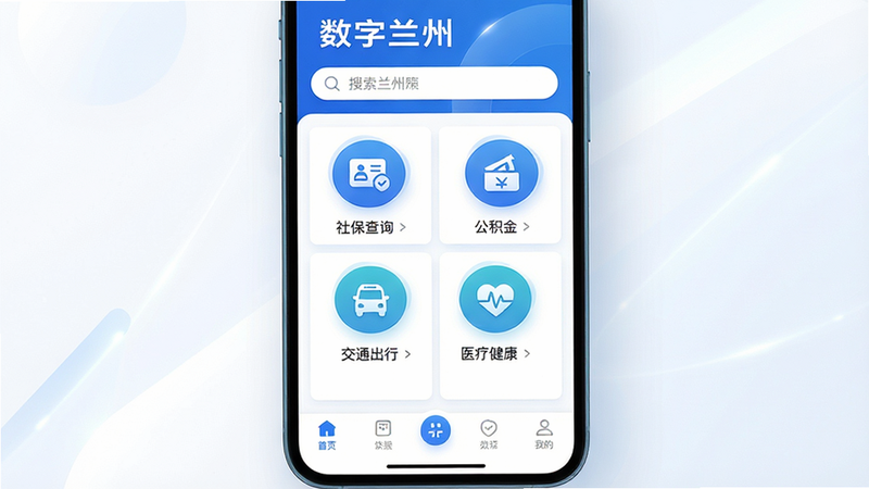 主体为“数字兰州”APP的核心界面展示,布局采用扁平化设计,顶部清晰显示“数字兰州”标题及搜索栏,中部排列整齐的圆形功能图标包括“社保查询”、“公积金”、“交通出行”、“医疗健康”,底部为导航栏,风格现代简约,色调以科技蓝和白色为主,细节处体现光影质感,画质高清,干净无多余元素