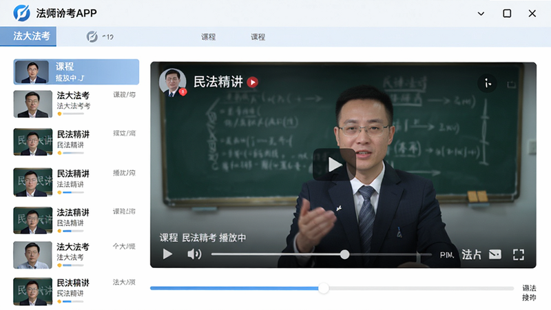 չʾ���󷨿�APP����ʦ��Ƶ�γ�ҳ�棬����Ϊ��Ƶ���������棬���ְ����γ��б�����������Ű�������򣬷��רҵѧ����ϸ����ʾ��ʦͷ����γ̱��⣬�����������ɾ�����������