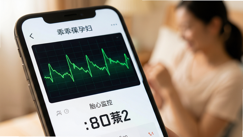 展示“乖乖葆孕妇”APP 胎心监护功能界面的特写图,手机屏幕上显示着绿色的动态胎心率波形图,下方有清晰的数字读数,背景虚化,突出屏幕内容,风格科技感与温馨感并存,细节丰富,画质高清,干净无杂乱,文字标注“胎心监护”