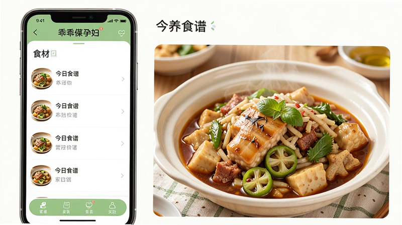 展示“乖乖葆孕妇”APP 营养食谱模块的界面图,屏幕左侧列出食材列表,右侧显示一道色香味俱全的家常菜图片,界面布局左右分明,配色清新,风格生活化,细节真实,画质明亮,无多余装饰,文字清晰显示“今日食谱”