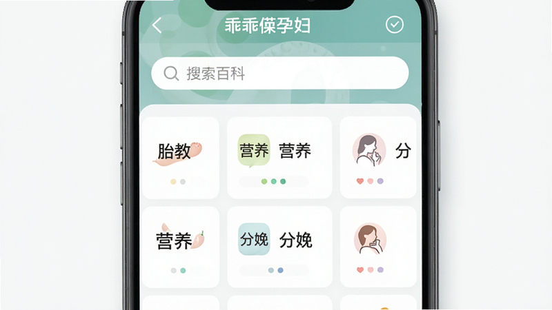 展示“乖乖葆孕妇”APP 知识库界面的示意图,屏幕上方是搜索栏,下方是网格状排列的知识卡片,卡片上有小图标代表不同主题如“胎教”、“营养”、“分娩”,整体布局整齐,风格简洁现代,细节清晰,画质高保真,干净背景,文字标注“孕期百科”