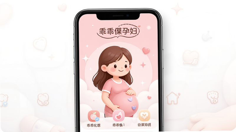一张展示“乖乖葆孕妇”APP 主界面的高清预览图,画面中心是柔和粉色调的手机屏幕,显示着可爱的卡通孕妇形象与清晰的菜单图标,背景为干净的白色渐变,布局整洁,排版舒适,风格温馨治愈,细节精致,画质清晰,无多余元素,文字清晰可见“乖乖葆孕妇”