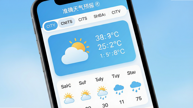 主体展示一款名为“准确天气预报”的智能手机应用界面,布局清晰分为顶部城市选择栏、中部实时天气大图标与温度显示、下部未来五天趋势图。排版采用扁平化设计风格,色彩以清新的天蓝色和白色为主,细节处展现云朵、太阳与雨滴的高清矢量图标。画面干净无多余元素,画质4k高清,背景为柔和的渐变蓝天,突出软件的专业性与易用性。