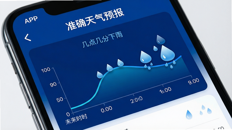 主体为手机屏幕特写,屏幕中央显示“准确天气预报”APP的降水预测界面。布局突出一个动态的降水时间轴,清晰标注未来两小时的降雨概率曲线。排版简洁,使用深蓝色背景搭配白色文字,细节展示雨滴图标逐渐变大的动画效果示意。风格科技感强,画质清晰锐利,无其他干扰元素,直观体现“几点几分下雨”的核心卖点。