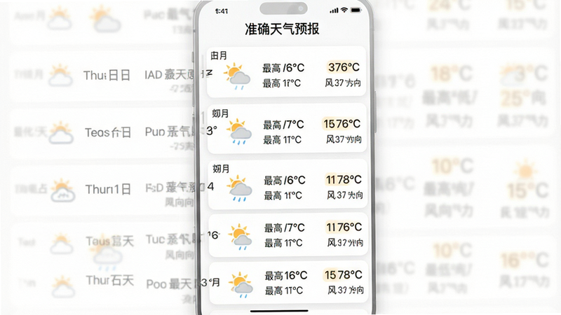 主体展示“准确天气预报”APP的15天天气列表界面。布局为垂直滚动列表,每一行包含日期、天气图标、最高/最低温度及风向风力。排版规整有序,采用卡片式设计,每个日期卡片间距适中。风格清新简约,背景为纯白色,文字使用深灰色,细节处显示温度数值的高亮显示。画质高清,布局紧凑但不拥挤,体现信息的丰富性与可读性。