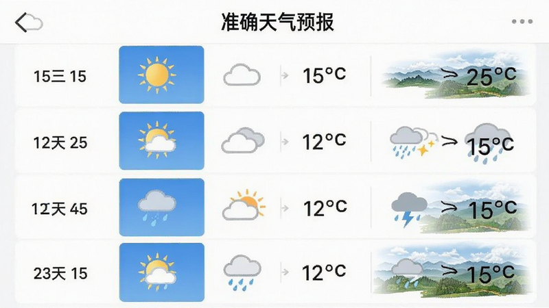 主体为“准确天气预报”APP在毕节地区的15天天气列表界面。布局清晰,每一行显示日期、天气图标(如晴、多云、雨)及温度范围。排版整齐,文字清晰易读,细节处展示毕节特有的地形影响下的天气变化示意。风格专业严谨,背景为白色,突出数据内容,画质高清,无多余装饰,便于用户快速获取信息。