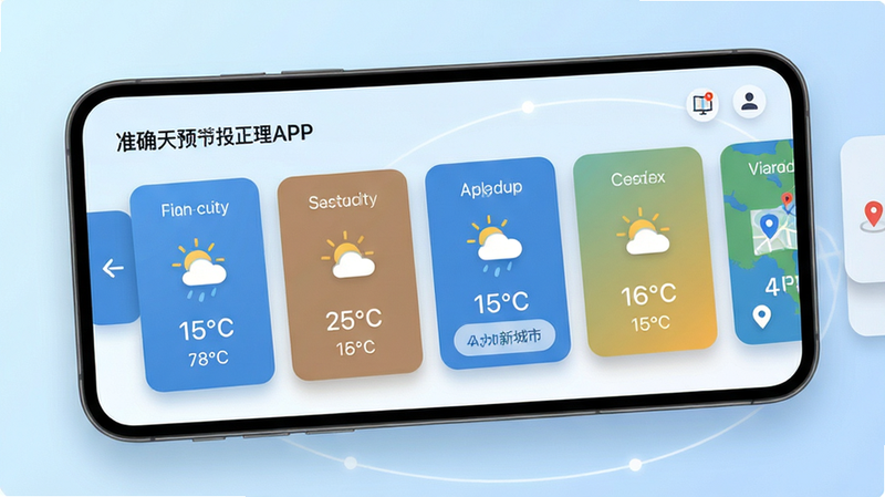 主体展示“准确天气预报”APP的多城市管理界面。布局为横向滑动的城市卡片,每个卡片显示城市名称、当前天气图标与温度。排版灵活,支持左右滑动切换,细节处展示添加新城市的按钮及地图定位图标。风格现代简洁,背景为淡蓝色渐变,突出城市的多样性与关联性。画质清晰,卡片阴影柔和,体现操作的便捷性与信息的直观性。