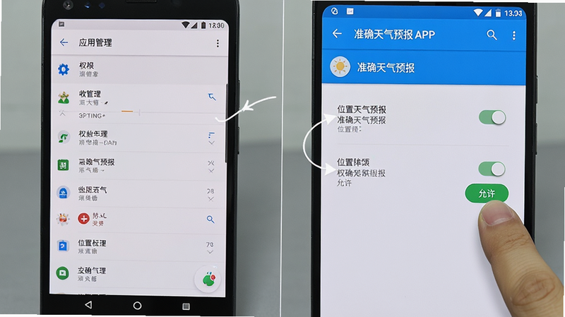 主体为安卓手机设置界面与“准确天气预报”APP权限设置页面的结合展示。布局左侧为手机系统设置中的“应用管理”列表,右侧为APP内的位置权限开关界面。排版对比清晰,突出权限授予的操作步骤。风格写实,细节展示手指点击“允许”按钮的动作。背景为简洁的灰色,画质清晰,直观指导用户进行权限配置。