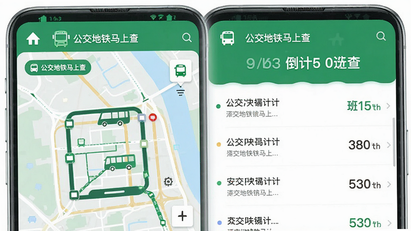 主体为“公交地铁马上查”APP的高清界面展示,布局简洁现代,左侧显示实时公交地图与车辆图标,右侧为清晰的班次列表与倒计时,排版整齐,风格扁平化,细节呈现绿色主色调的科技感,画质高清,干净,无多余元素