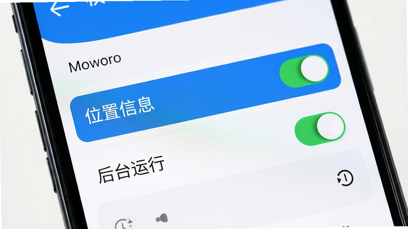 主体为手机设置界面中权限管理的特写,布局清晰,重点高亮“位置信息”和“后台运行”选项,排版规范,风格简洁,细节展示开关状态,画质清晰,干净,无多余元素