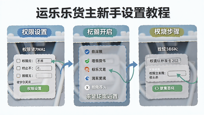 运乐乐货主新手设置教程图,展示权限开启步骤,布局步骤化,排版清晰,风格教学指南,细节明确,高清无杂项,文字包含