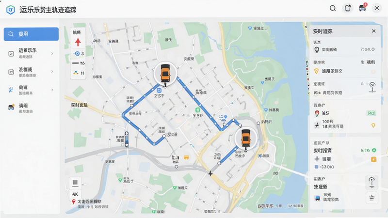 运乐乐货主轨迹追踪界面,显示地图路径与车辆图标,布局直观,排版紧凑,风格实用主义,细节精准,4k画质,干净简洁,文字包含