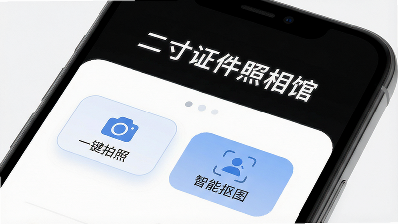 手机屏幕特写,界面显示“二寸证件照相馆”APP首页,背景为简洁的白色,突出“一键拍照”和“智能抠图”按钮,UI风格清新现代,高清渲染,无多余元素
