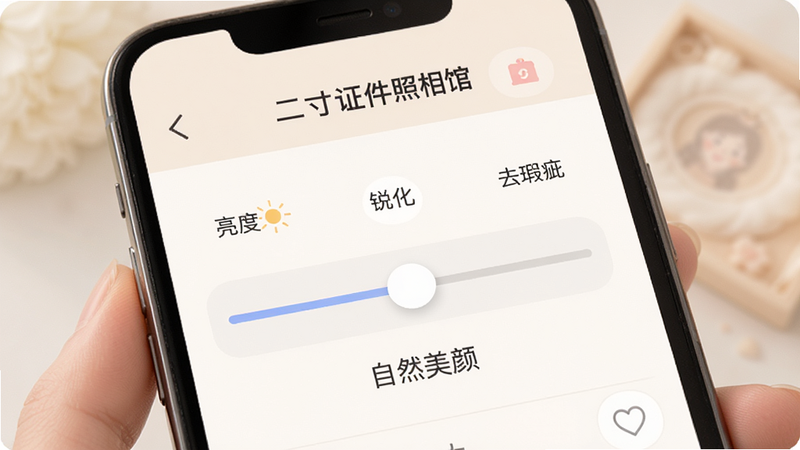 手机界面展示“二寸证件照相馆”美颜调节滑块,包括“亮度”、“锐化”、“去瑕疵”选项,滑块处于中间位置,界面简洁,文字标注“自然美颜”,整体色调柔和,细节丰富,高清