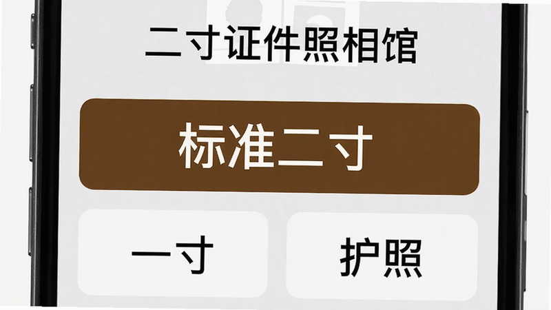 手机界面展示“二寸证件照相馆”尺寸选择列表,高亮显示“标准二寸”,下方列出“一寸”、“护照”等选项,布局整齐,字体清晰,背景浅灰,强调易用性,无多余装饰