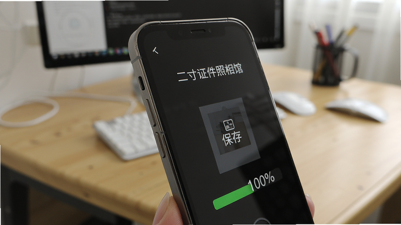 手机侧面特写,屏幕显示“二寸证件照相馆”正在保存照片,进度条显示100%,背景为虚化的办公桌,突出便携与高效,高清,无水印