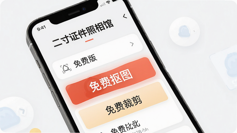 手机界面展示“二寸证件照相馆”免费版功能列表,高亮显示“免费抠图”、“免费裁剪”,背景简洁,文字清晰,强调性价比,高清,无多余元素