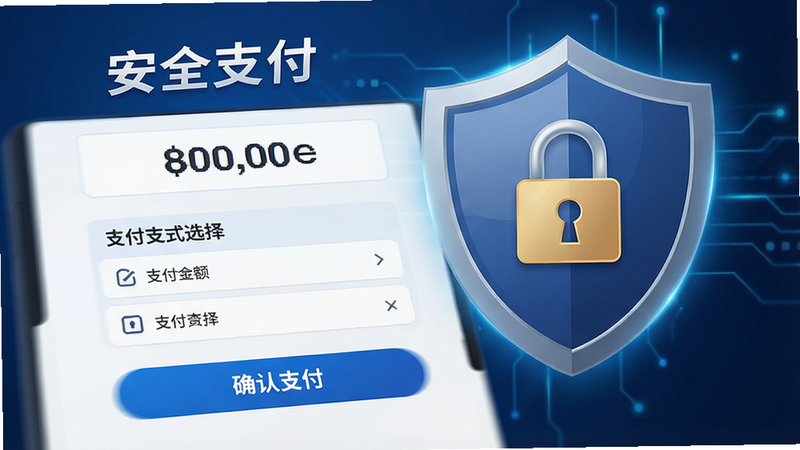 主体为安全支付界面,布局为支付金额展示区、支付方式选择列表、确认支付按钮,背景为盾牌保护图标,风格严谨安全,细节展示加密锁标志,文字“安全支付”清晰,画质高清,无干扰元素