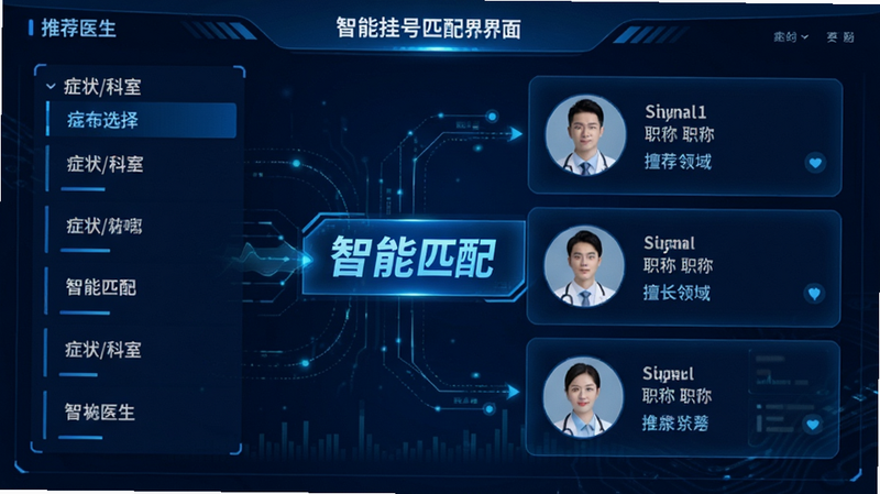 主体为智能挂号匹配界面示意图,布局为左右分栏,左侧为症状/科室选择列表,右侧为推荐医生卡片,包含头像、职称、擅长领域,风格科技感强,蓝色调,细节展示数据匹配过程,文字“智能匹配”高亮,画质清晰,无杂乱背景